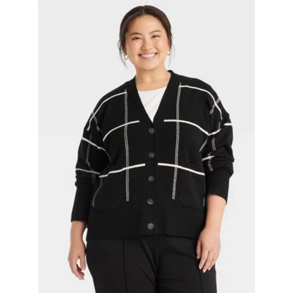 A New Day NWT XS Black White Plaid Button Front Knit Cardigan Sweater Preppy NEW